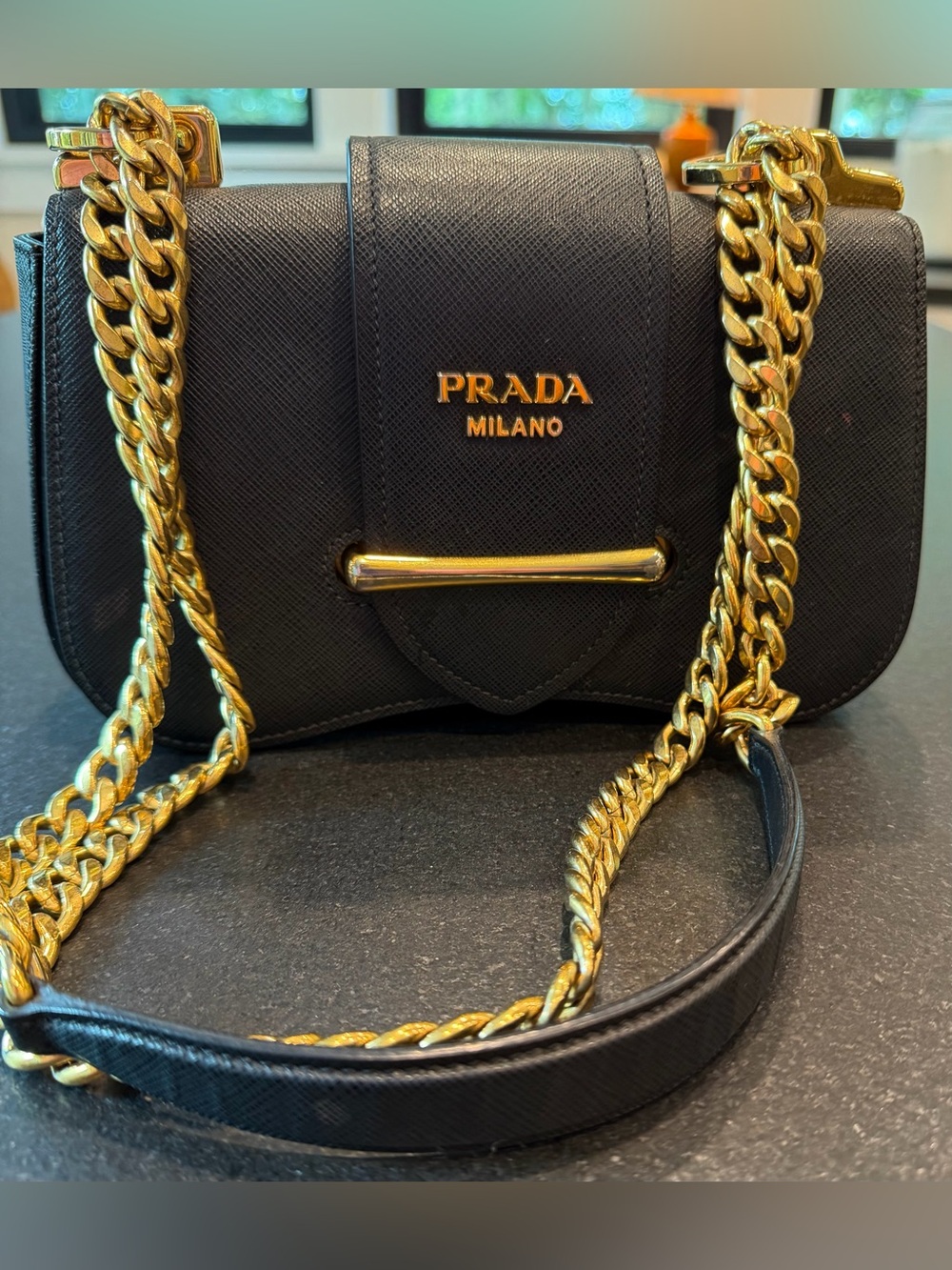 Prada Sidonie Black Saffiano Leather Gold Chain Shoulder Crossbody Designer Bag - Picture 14 of 17